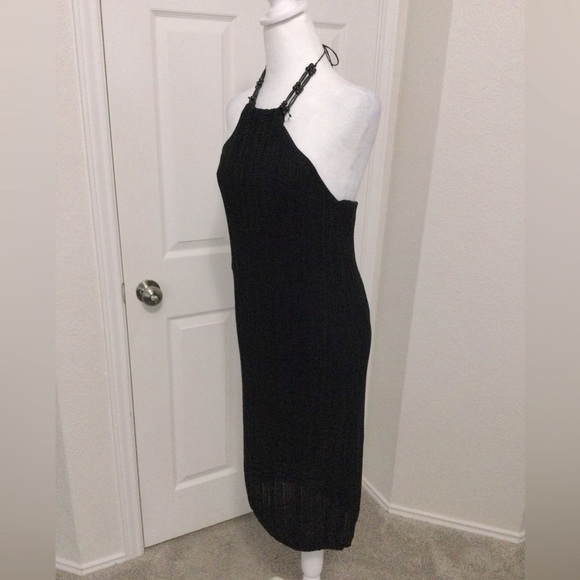 Lauren Ralph Lauren Black Cotton Crochet Beaded Halter Dress Sz M - Picture 6 of 11